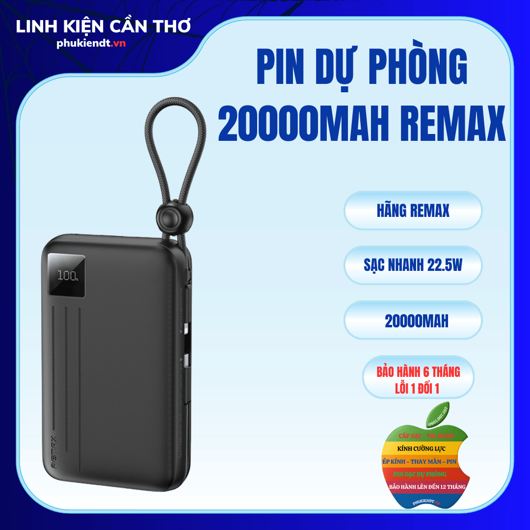 Pin dự phòng 20000mah nhỏ gọn sạc nhanh kèm dây Remax