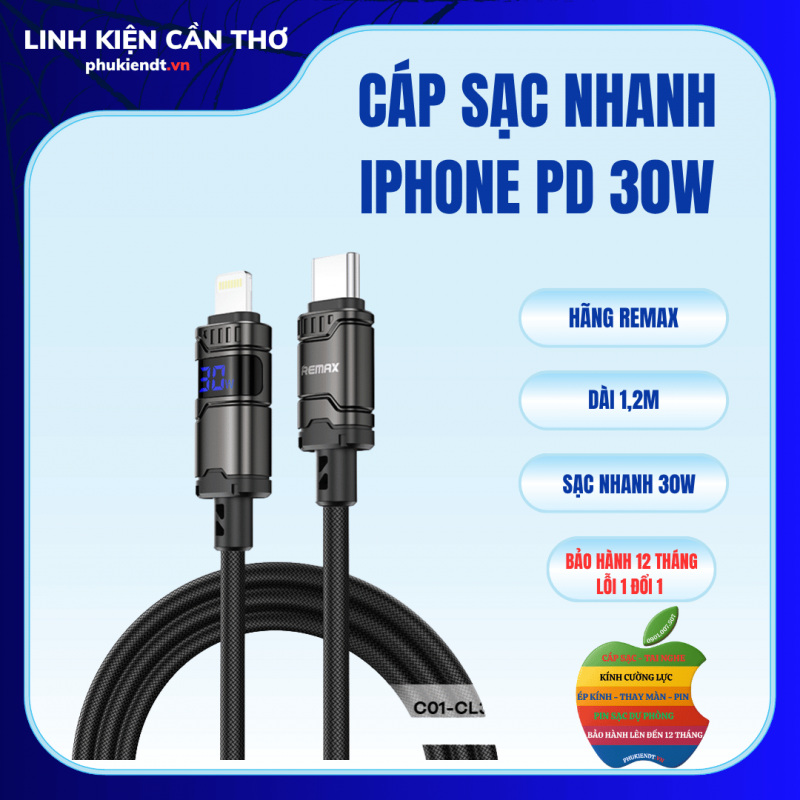 Cáp sạc nhanh iphone 30W PD hãng Remax