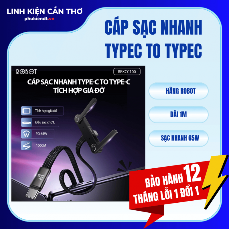 Cáp sạc nhanh 65W C to C Robot kèm giá đỡ