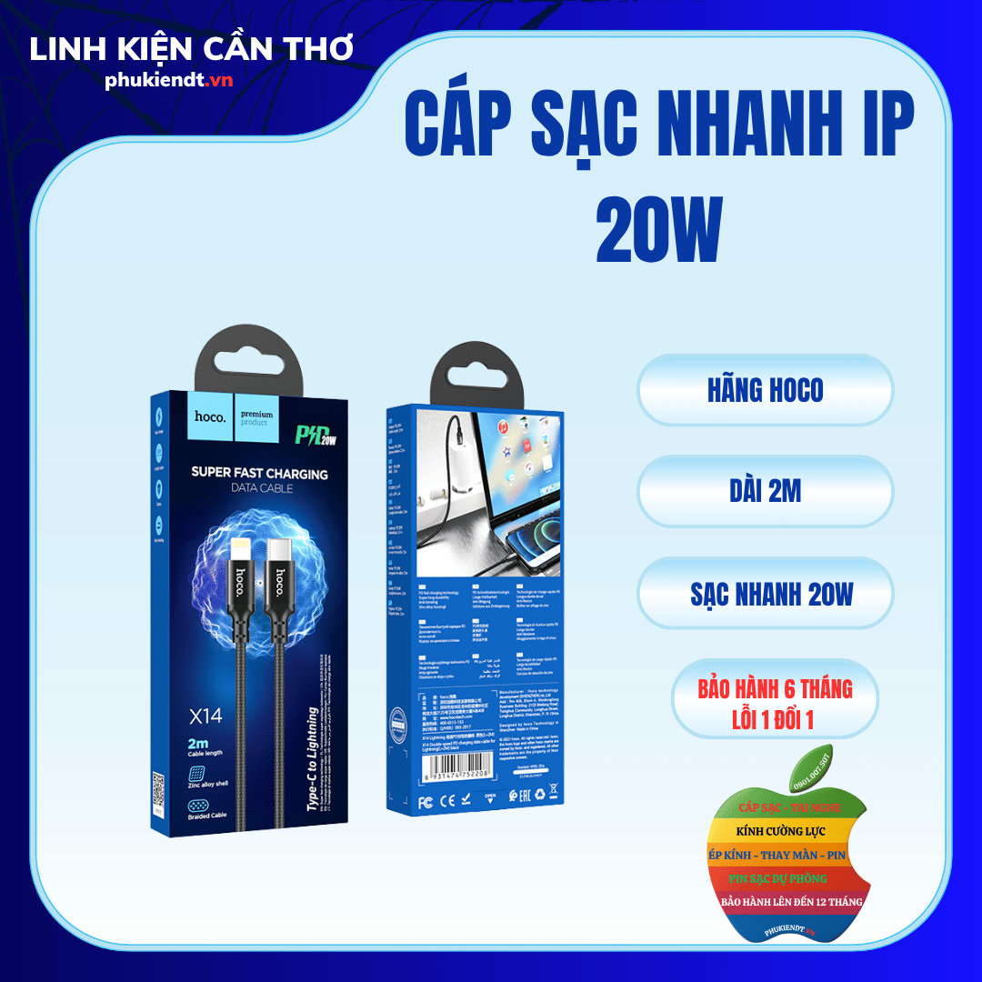 Cáp sạc nhanh 20w iphone dài 2m hãng Hoco